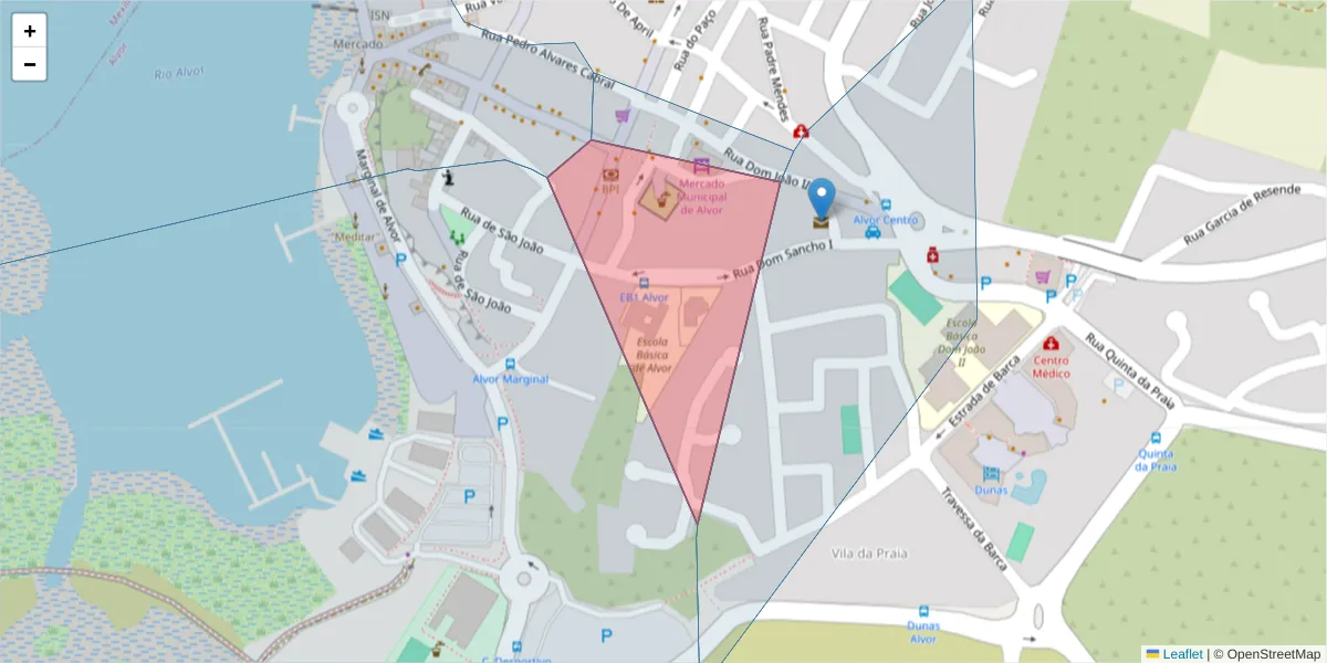 Mapa detalhado do código postal 8500-021 com limites, códigos postais vizinhos e agências dos correios