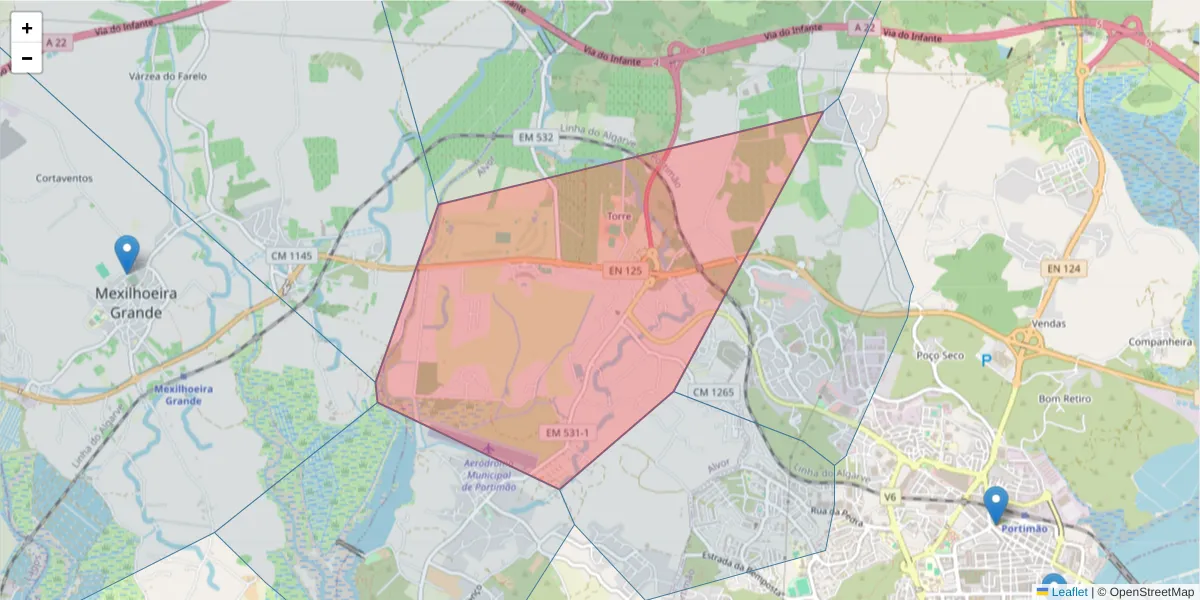 Mapa detalhado do código postal 8500-082 com limites, códigos postais vizinhos e agências dos correios
