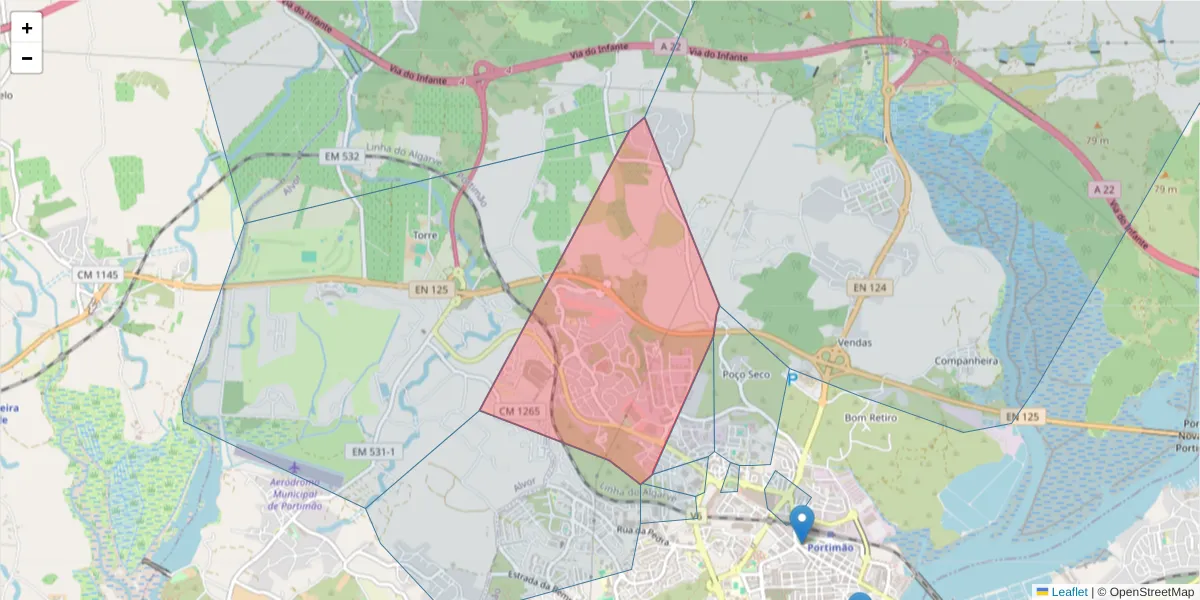 Mapa detalhado do código postal 8500-313 com limites, códigos postais vizinhos e agências dos correios