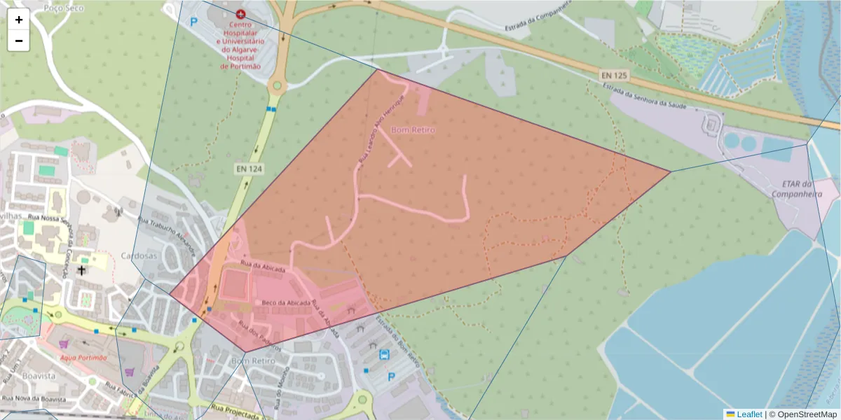 Mapa detalhado do código postal 8500-315 com limites, códigos postais vizinhos e agências dos correios