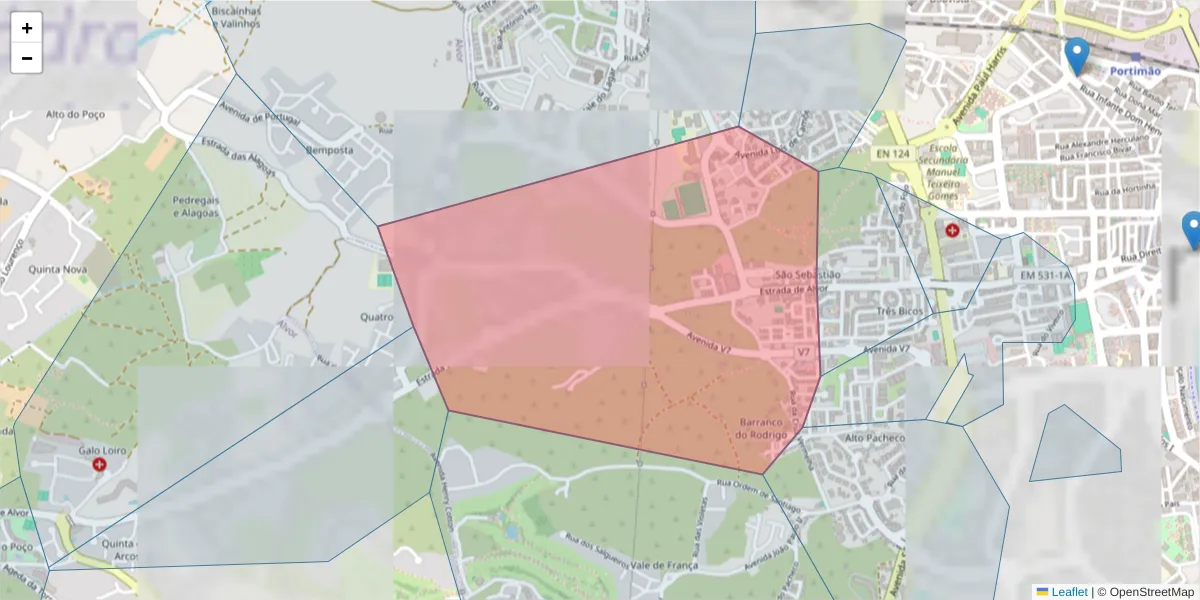 Mapa detalhado do código postal 8500-316 com limites, códigos postais vizinhos e agências dos correios