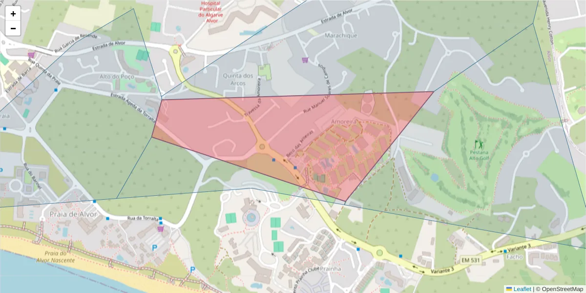 Mapa detalhado do código postal 8500-377 com limites, códigos postais vizinhos e agências dos correios