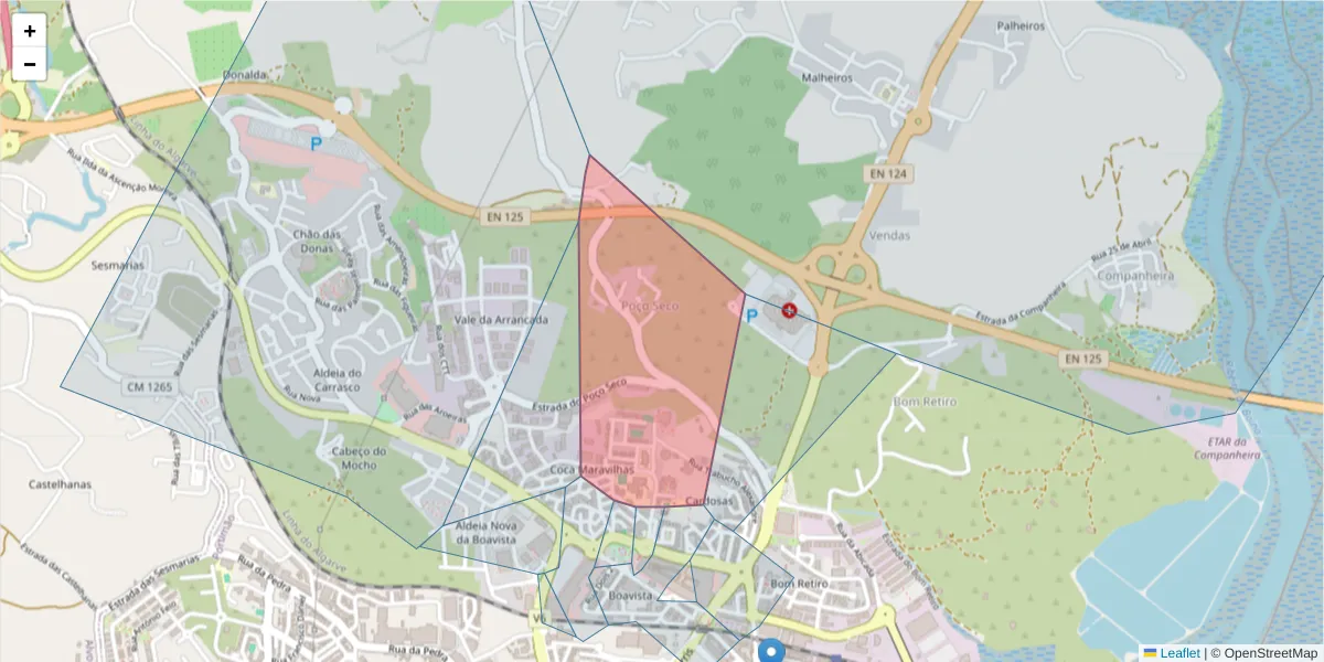 Mapa detalhado do código postal 8500-423 com limites, códigos postais vizinhos e agências dos correios