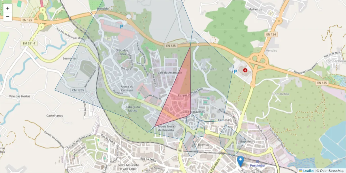 Mapa detalhado do código postal 8500-483 com limites, códigos postais vizinhos e agências dos correios
