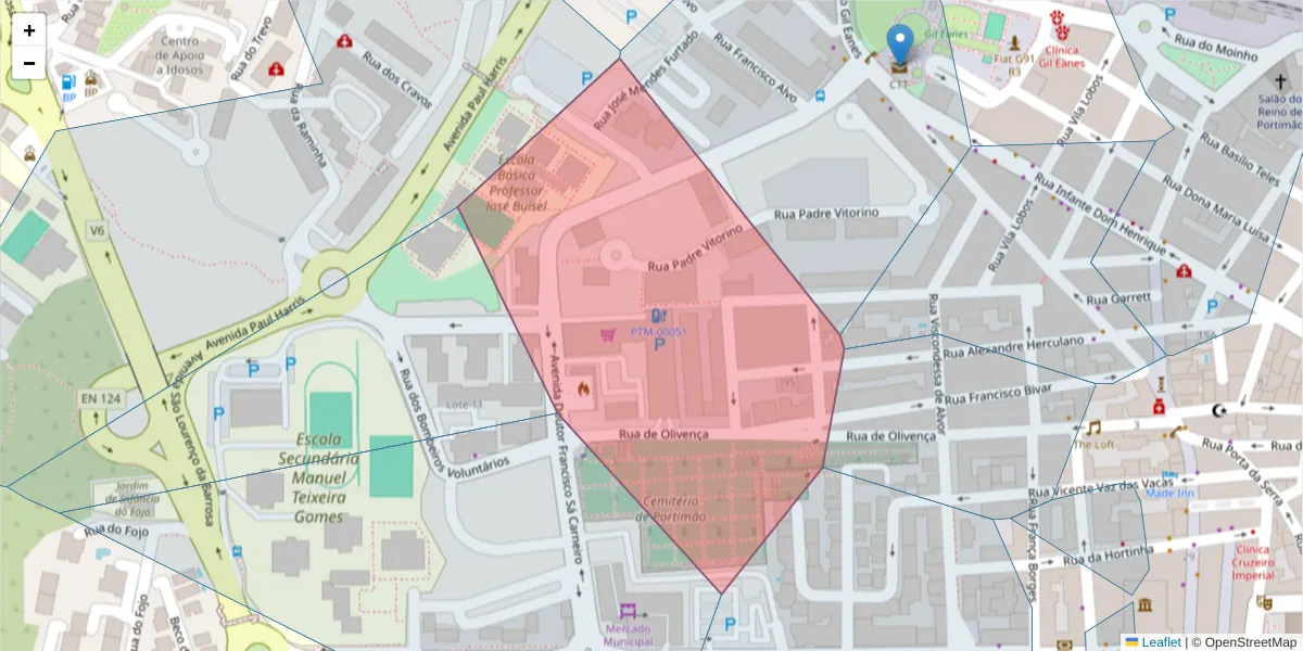 Mapa detalhado do código postal 8500-506 com limites, códigos postais vizinhos e agências dos correios