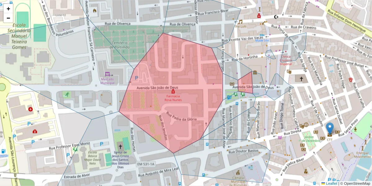 Mapa detalhado do código postal 8500-509 com limites, códigos postais vizinhos e agências dos correios