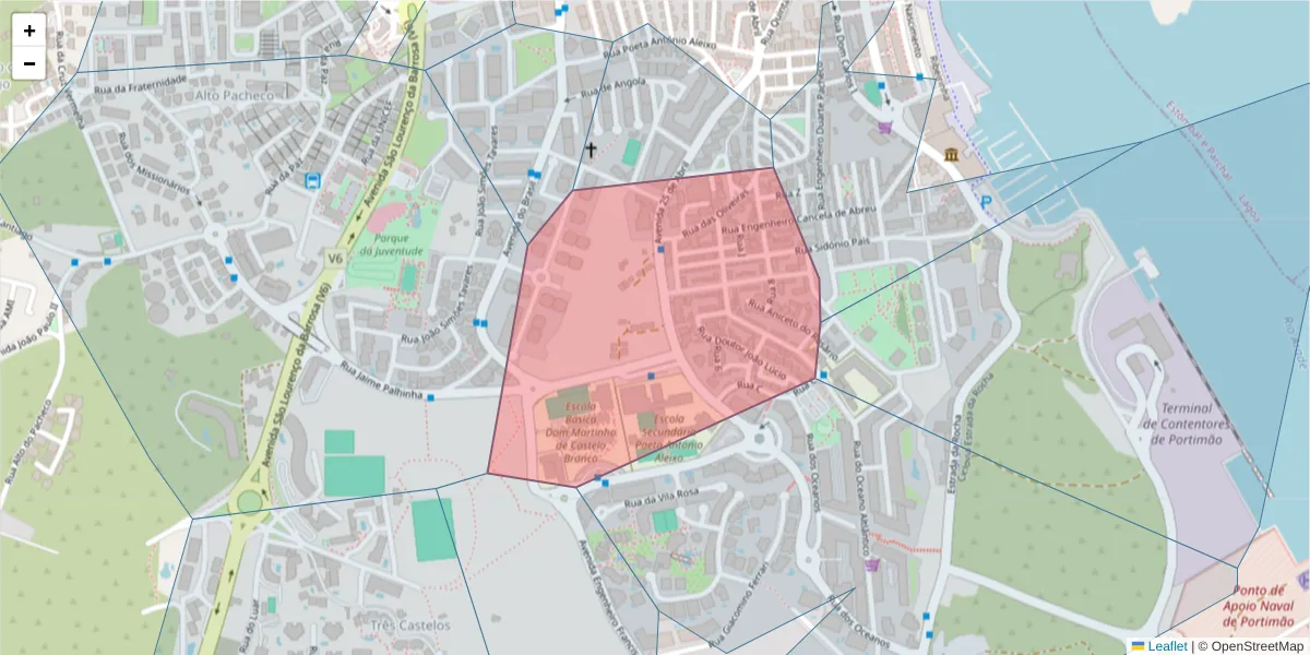Mapa detalhado do código postal 8500-511 com limites, códigos postais vizinhos e agências dos correios