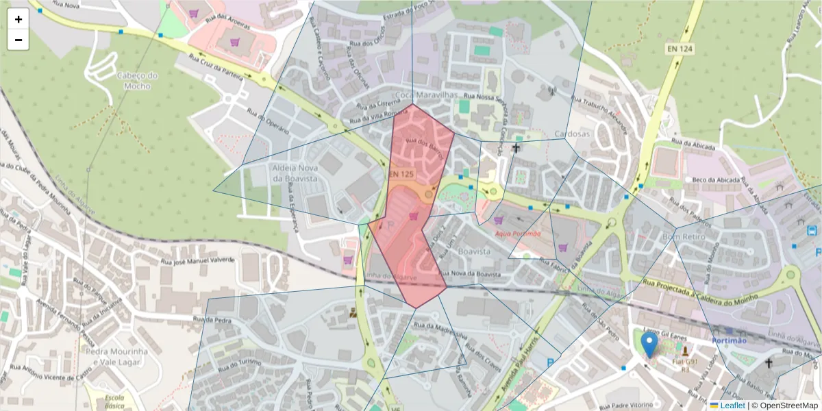 Mapa detalhado do código postal 8500-513 com limites, códigos postais vizinhos e agências dos correios