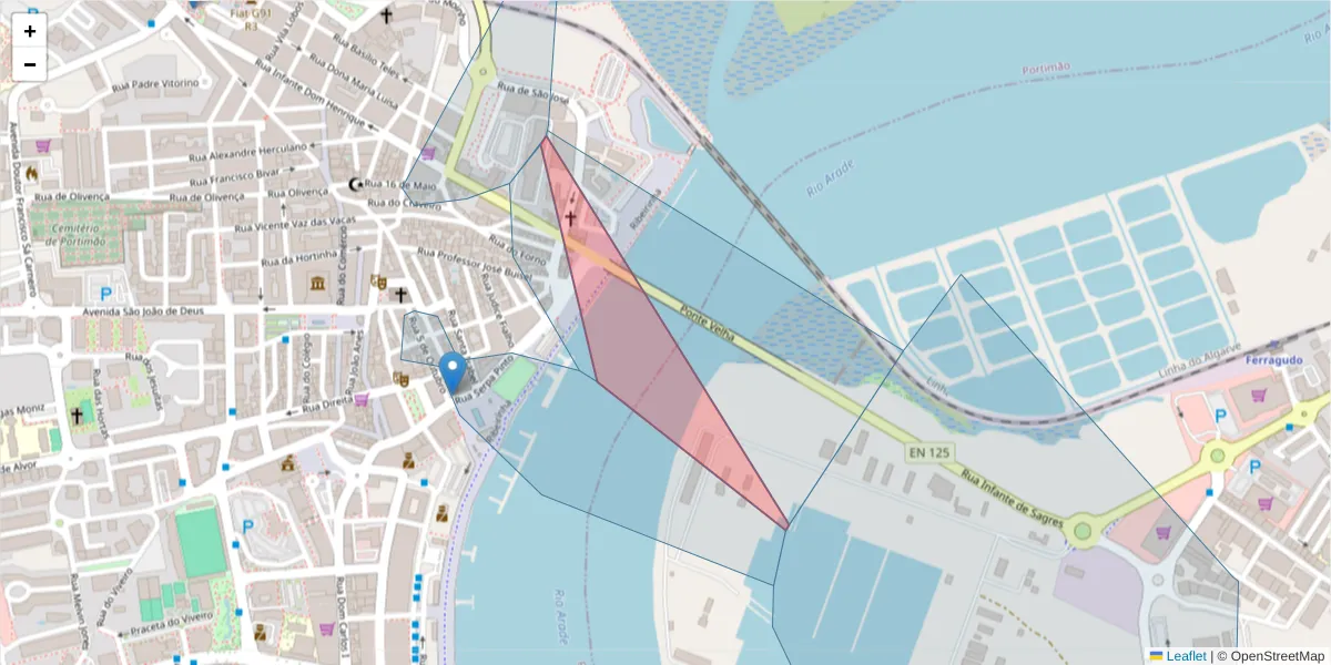 Mapa detalhado do código postal 8500-527 com limites, códigos postais vizinhos e agências dos correios