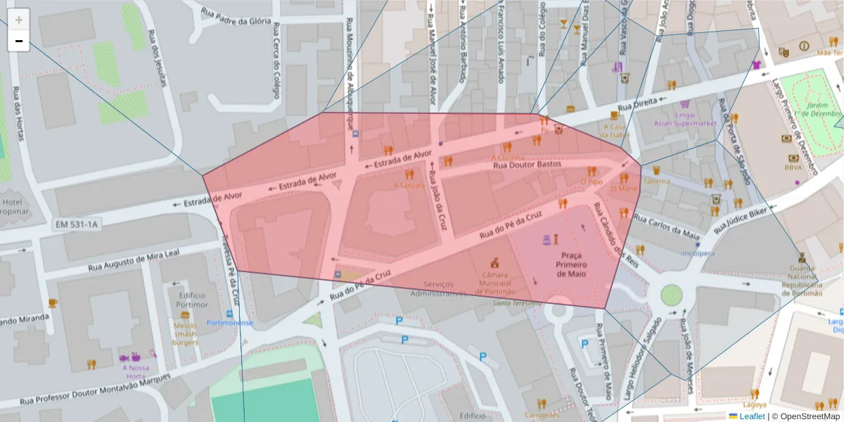 Mapa detalhado do código postal 8500-543 com limites, códigos postais vizinhos e agências dos correios