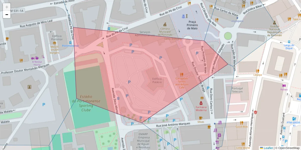 Mapa detalhado do código postal 8500-605 com limites, códigos postais vizinhos e agências dos correios