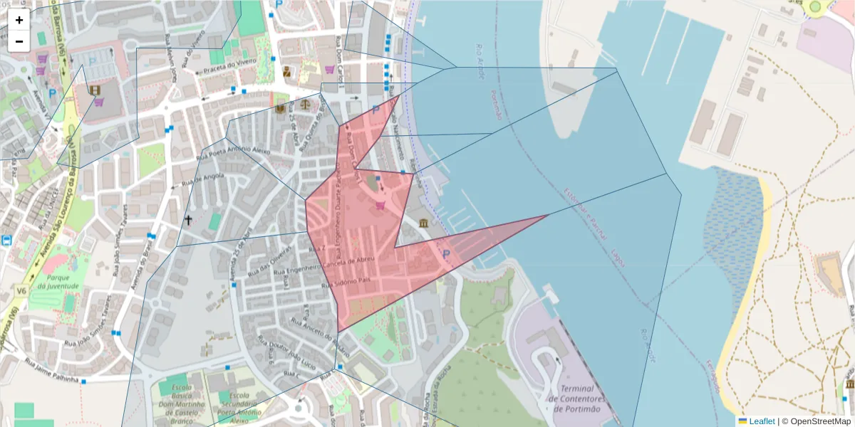 Mapa detalhado do código postal 8500-607 com limites, códigos postais vizinhos e agências dos correios