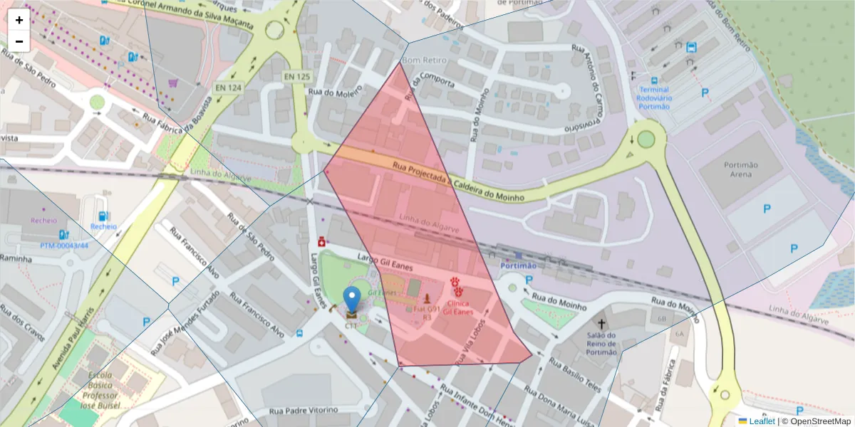 Mapa detalhado do código postal 8500-648 com limites, códigos postais vizinhos e agências dos correios