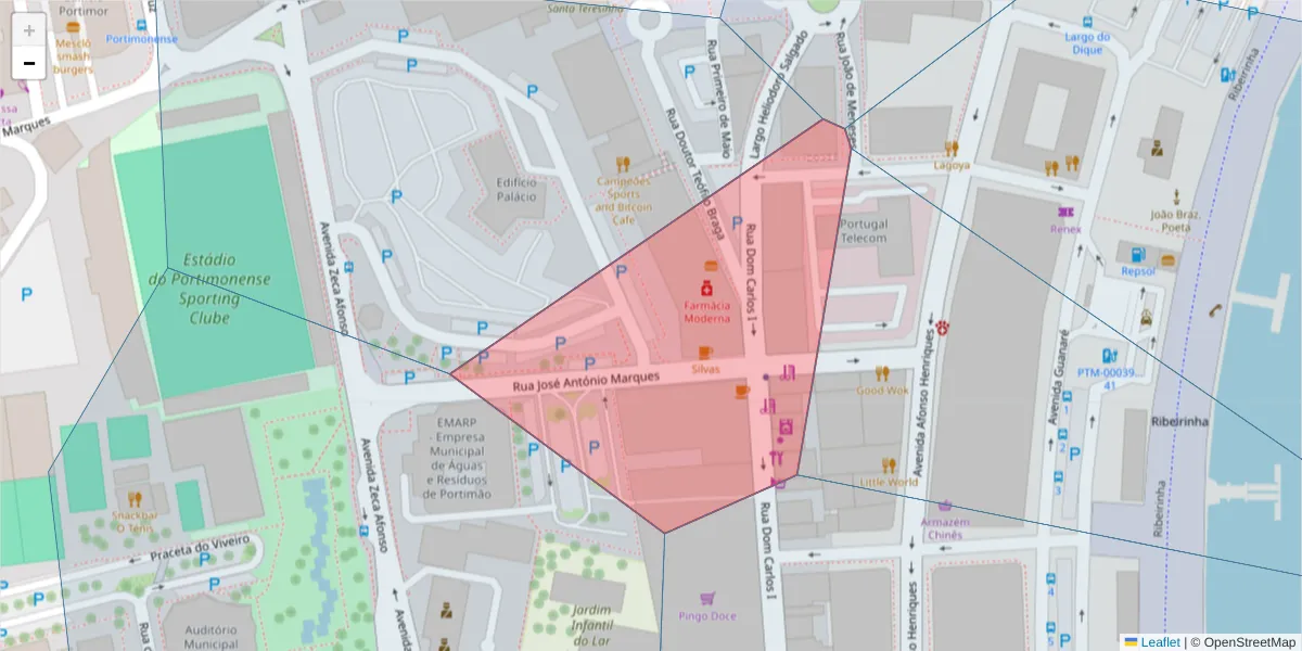 Mapa detalhado do código postal 8500-668 com limites, códigos postais vizinhos e agências dos correios