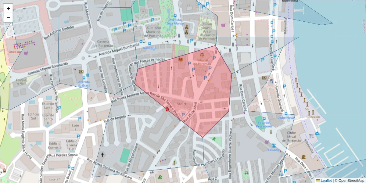 Mapa detalhado do código postal 8500-729 com limites, códigos postais vizinhos e agências dos correios
