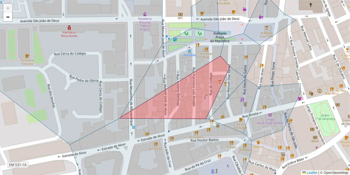 Mapa detalhado do código postal 8500-764 com limites, códigos postais vizinhos e agências dos correios