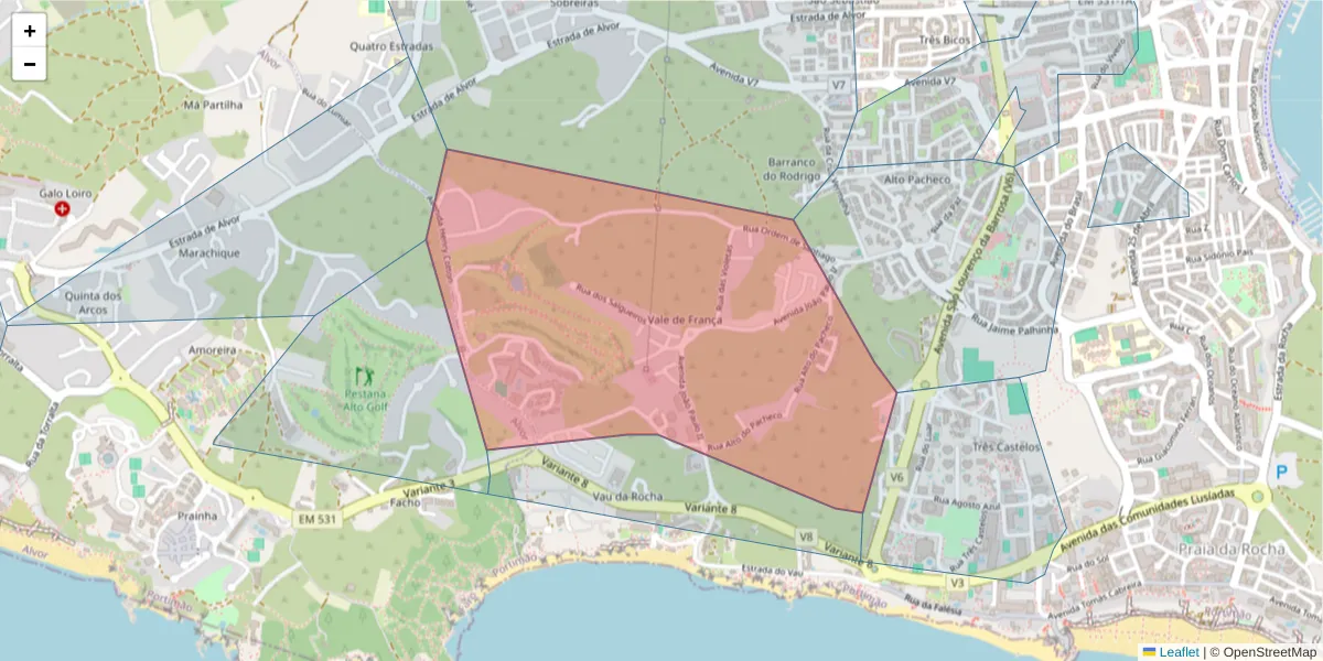 Mapa detalhado do código postal 8500-780 com limites, códigos postais vizinhos e agências dos correios