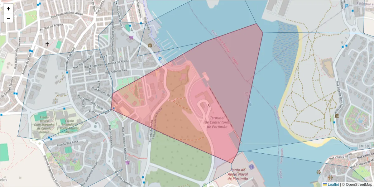 Mapa detalhado do código postal 8500-804 com limites, códigos postais vizinhos e agências dos correios