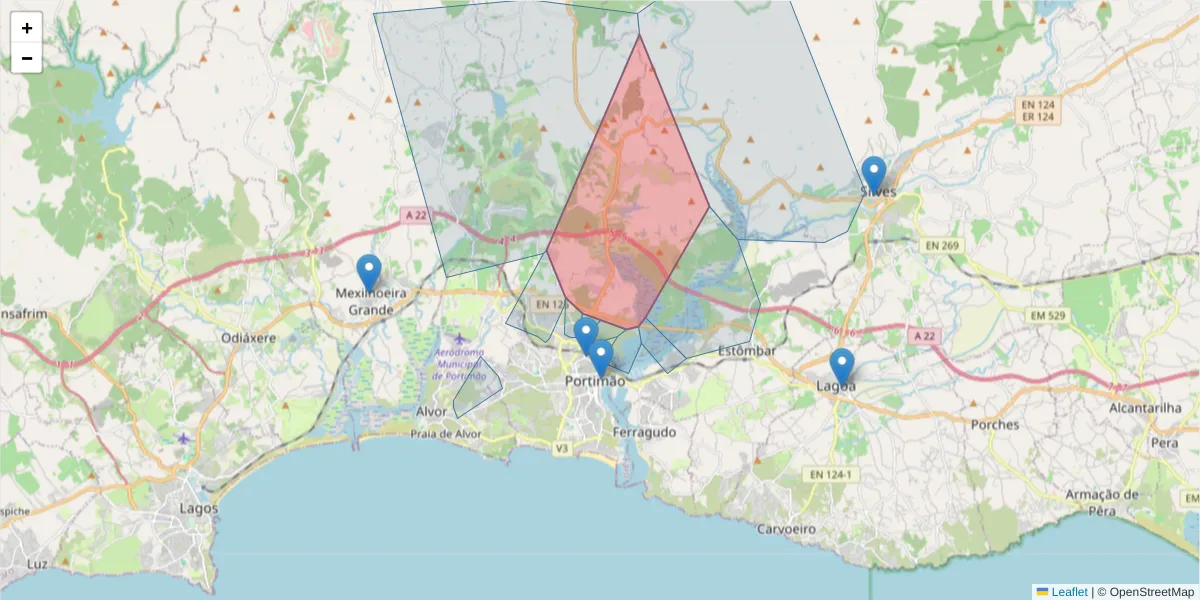 Mapa detalhado do código postal 8500-841 com limites, códigos postais vizinhos e agências dos correios