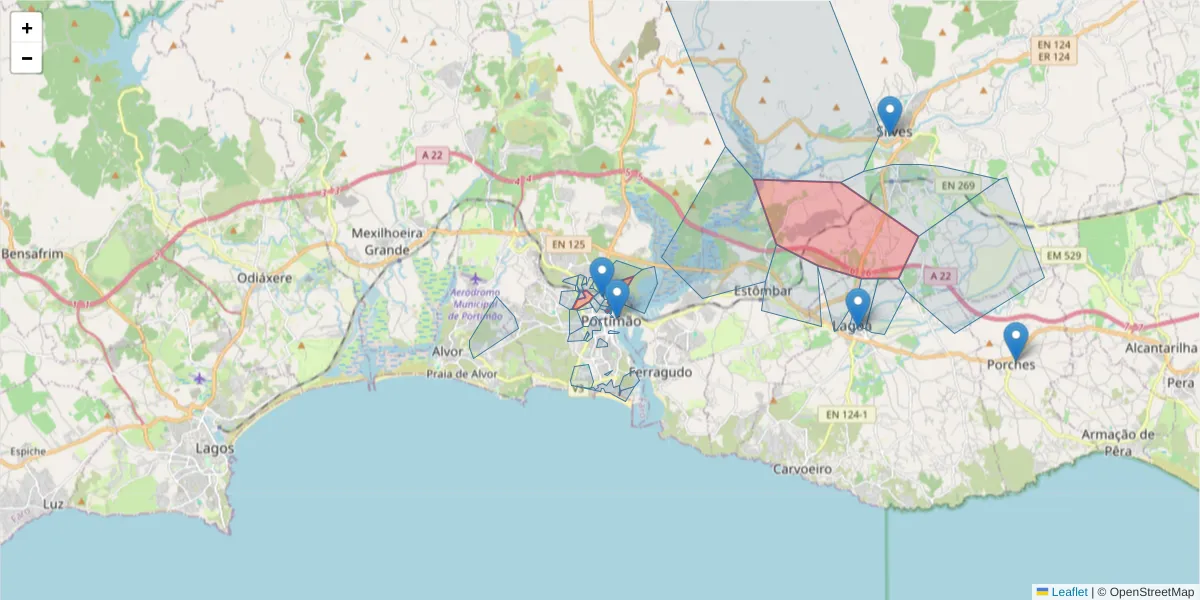 Mapa detalhado do código postal 8500 com limites, códigos postais vizinhos e agências dos correios