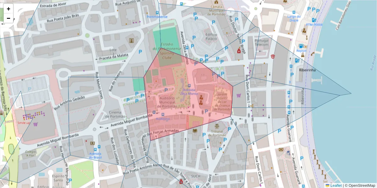 Mapa detalhado do código postal 8501-851 com limites, códigos postais vizinhos e agências dos correios