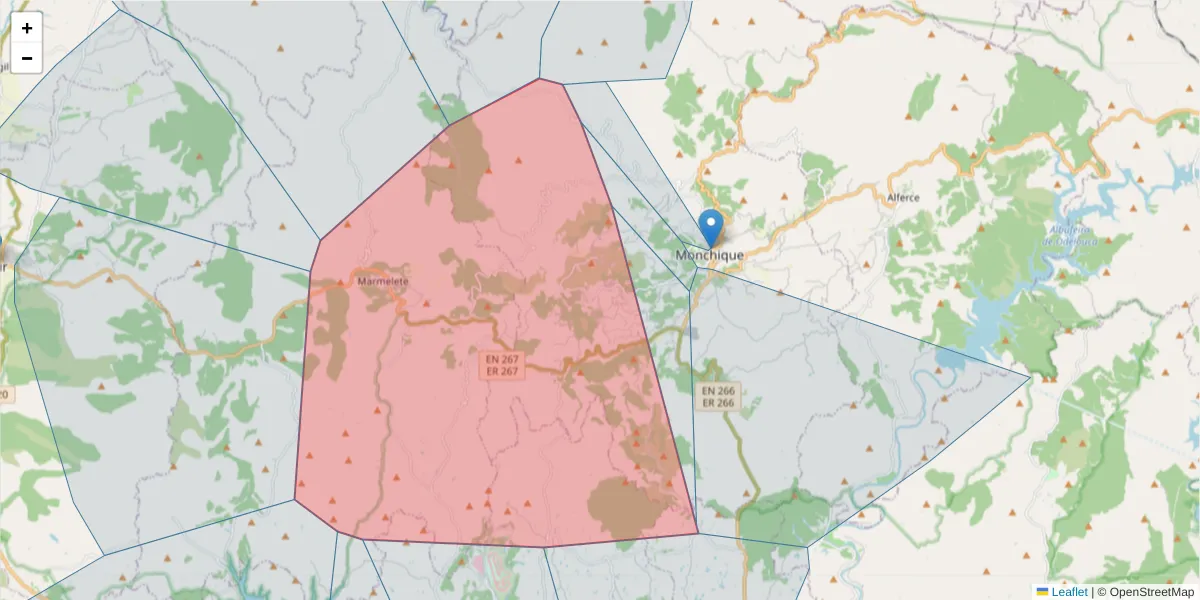 Mapa detalhado do código postal 8550-218 com limites, códigos postais vizinhos e agências dos correios