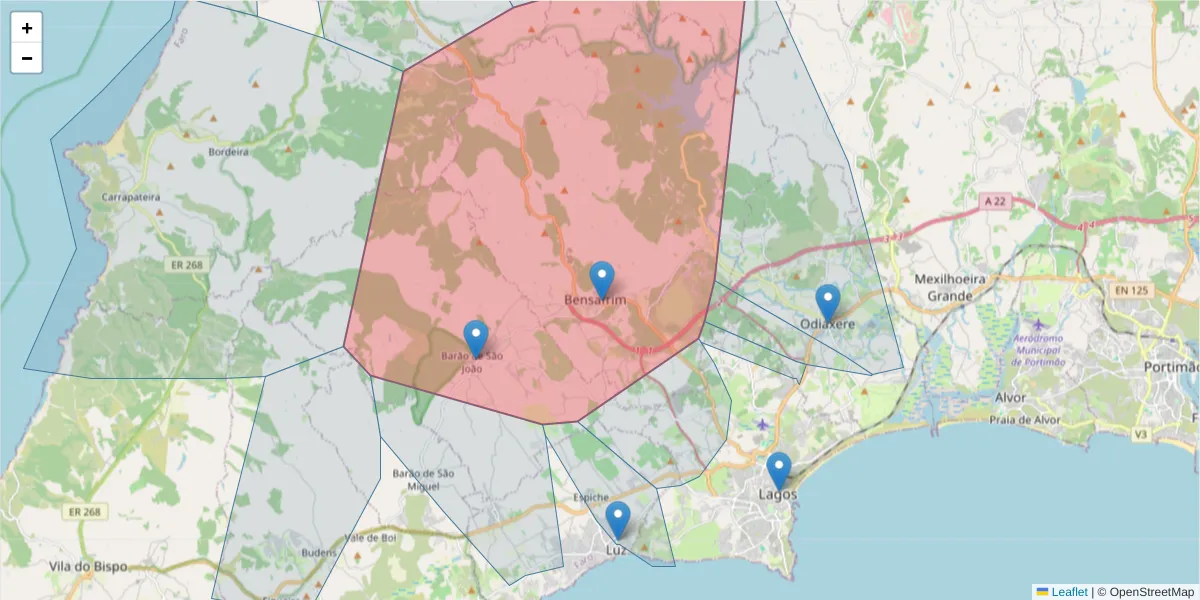 Mapa detalhado do código postal 8600-069 com limites, códigos postais vizinhos e agências dos correios