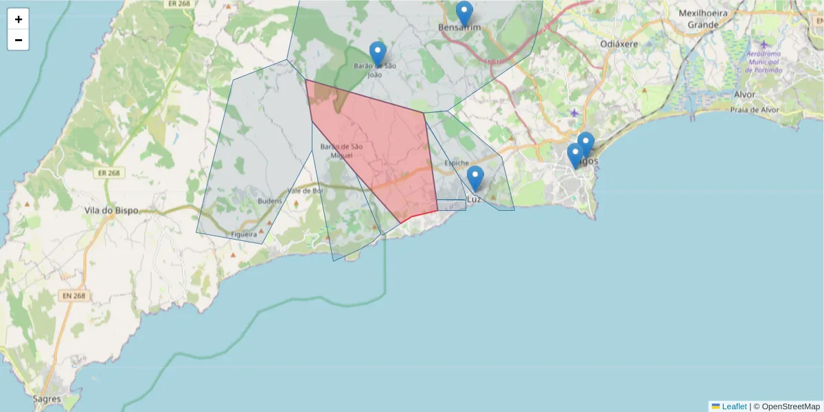 Mapa detalhado do código postal 8600-101 com limites, códigos postais vizinhos e agências dos correios