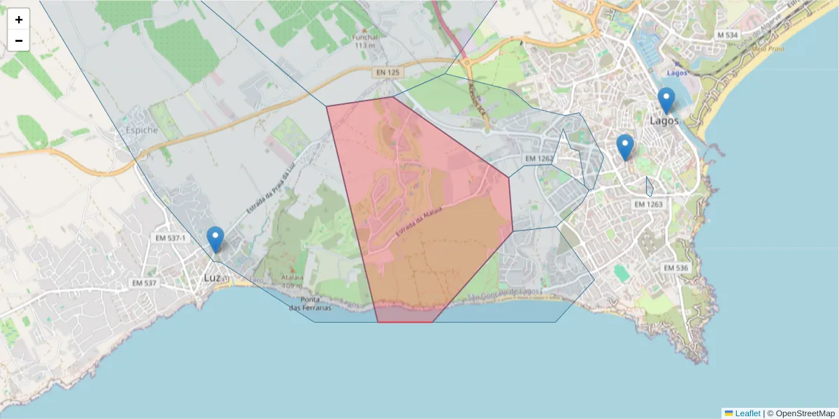 Mapa detalhado do código postal 8600-281 com limites, códigos postais vizinhos e agências dos correios