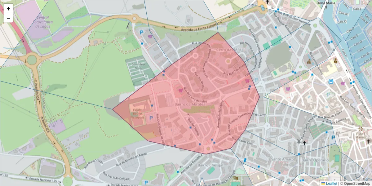 Mapa detalhado do código postal 8600-361 com limites, códigos postais vizinhos e agências dos correios