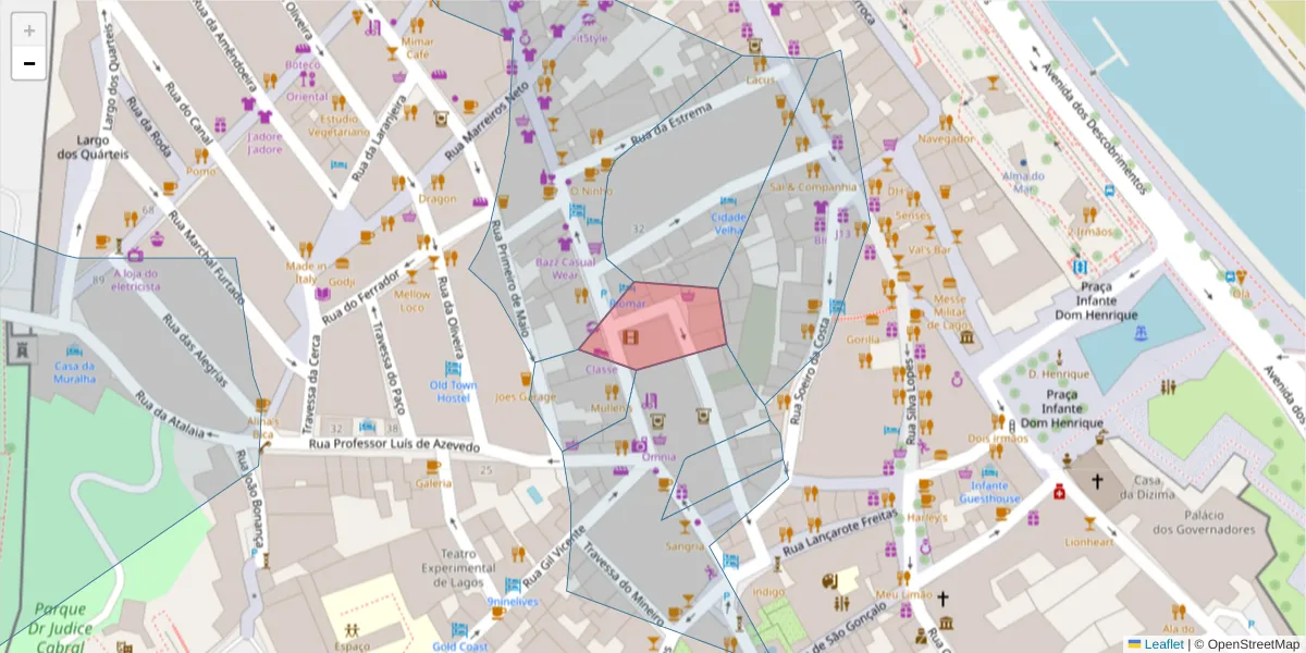 Mapa detalhado do código postal 8600-500 com limites, códigos postais vizinhos e agências dos correios