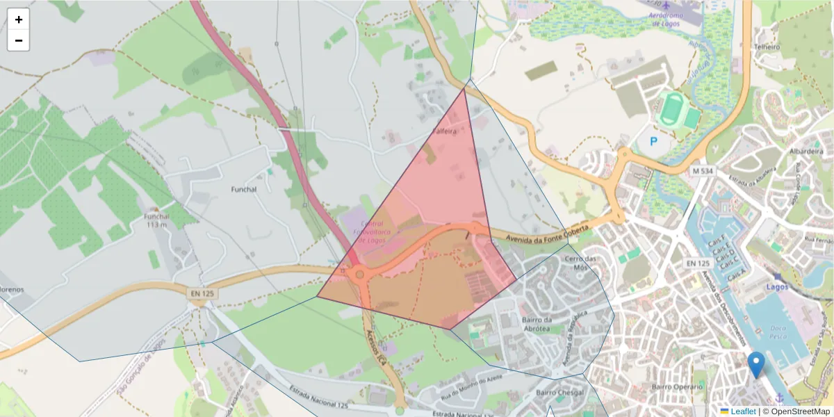 Mapa detalhado do código postal 8600-571 com limites, códigos postais vizinhos e agências dos correios