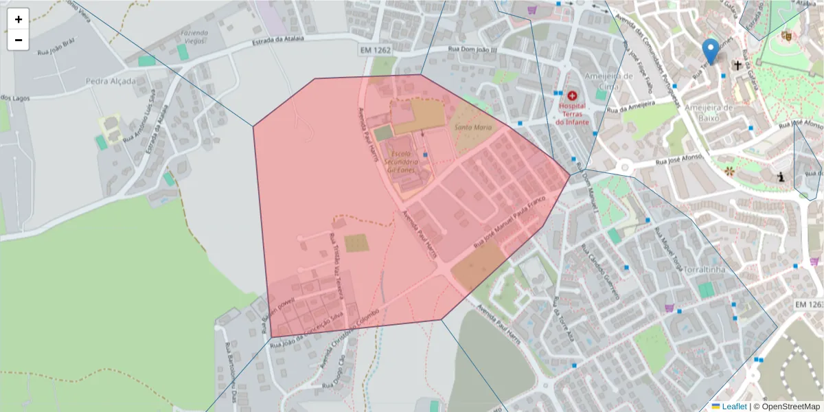 Mapa detalhado do código postal 8600-614 com limites, códigos postais vizinhos e agências dos correios