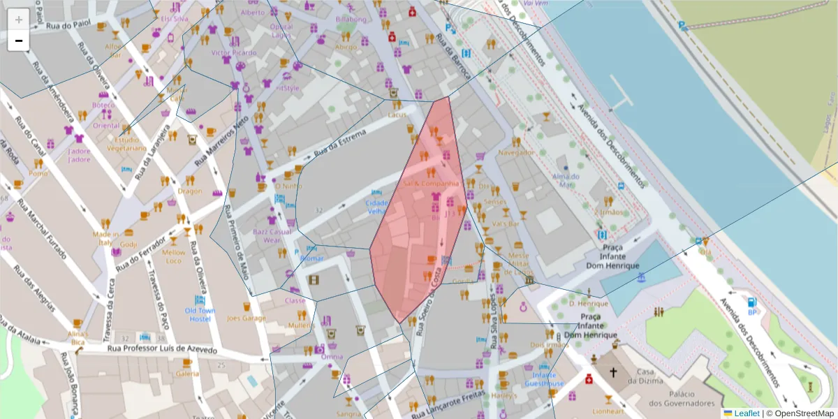 Mapa detalhado do código postal 8600-624 com limites, códigos postais vizinhos e agências dos correios