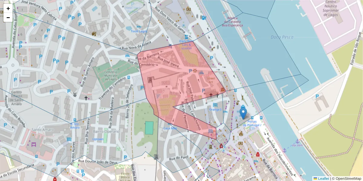 Mapa detalhado do código postal 8600-682 com limites, códigos postais vizinhos e agências dos correios
