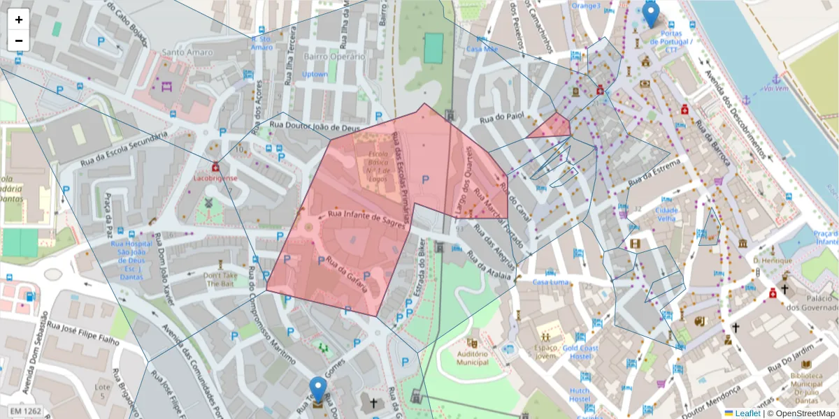 Mapa detalhado do código postal 8600-743 com limites, códigos postais vizinhos e agências dos correios