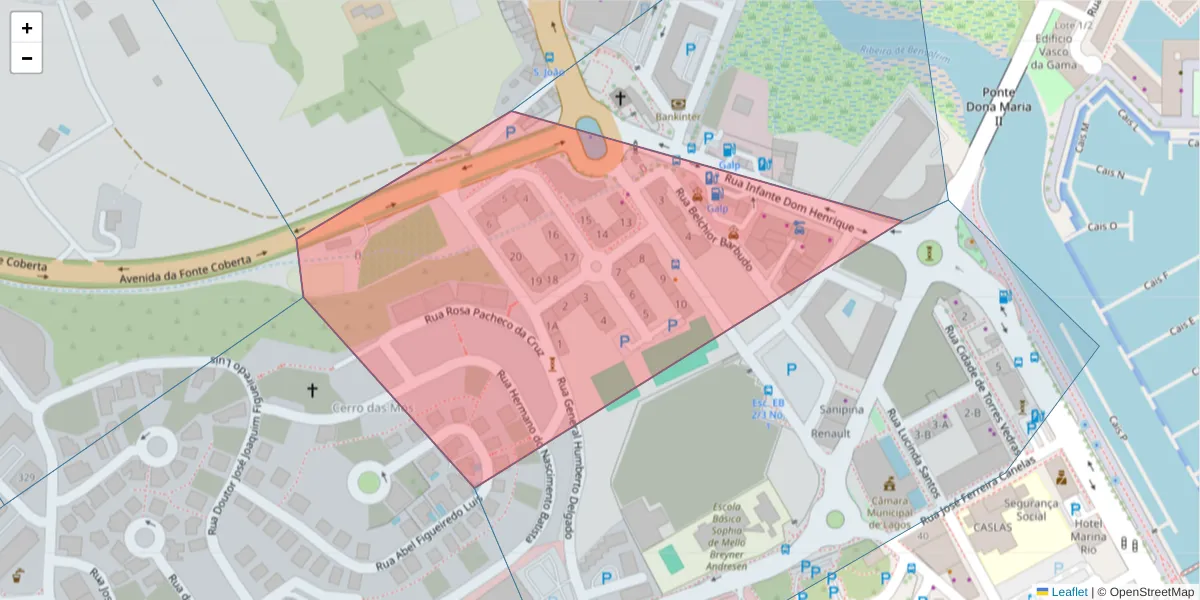 Mapa detalhado do código postal 8600-773 com limites, códigos postais vizinhos e agências dos correios