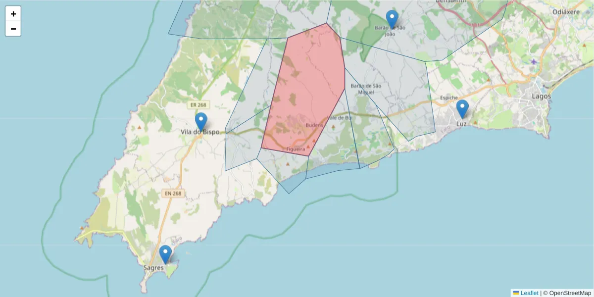Mapa detalhado do código postal 8650-166 com limites, códigos postais vizinhos e agências dos correios