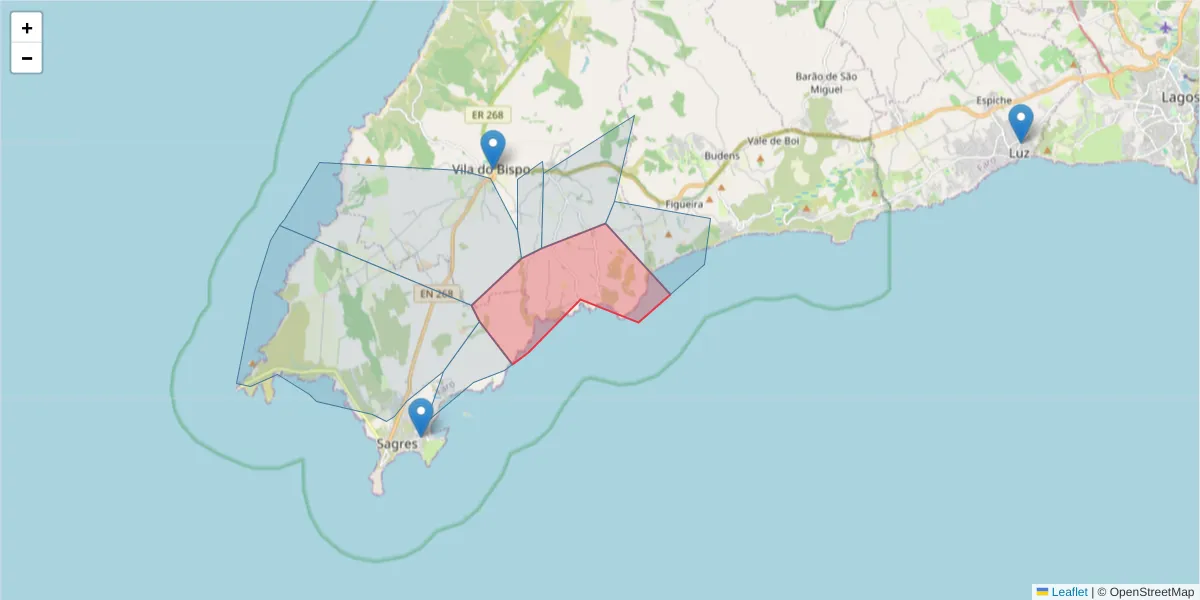 Mapa detalhado do código postal 8650-281 com limites, códigos postais vizinhos e agências dos correios
