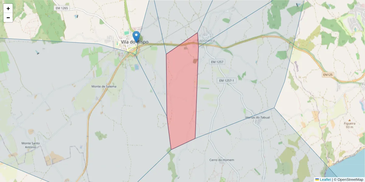 Mapa detalhado do código postal 8650-282 com limites, códigos postais vizinhos e agências dos correios