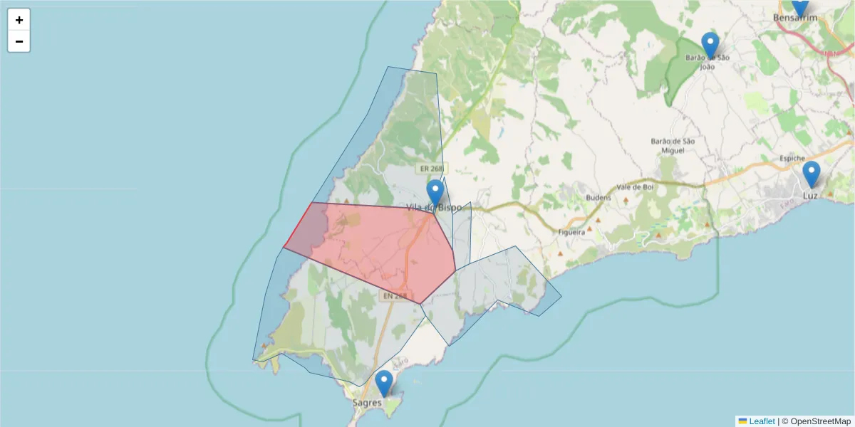 Mapa detalhado do código postal 8650-400 com limites, códigos postais vizinhos e agências dos correios