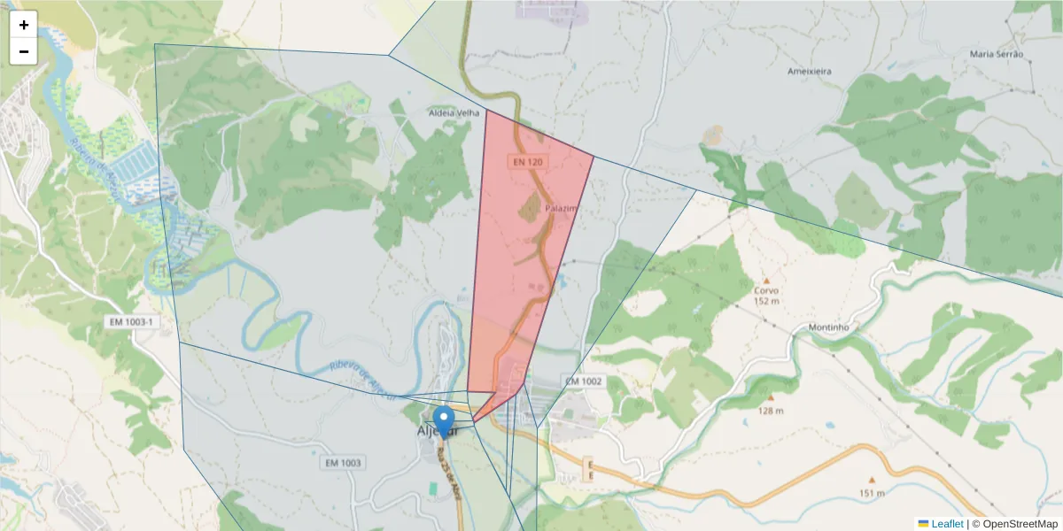 Mapa detalhado do código postal 8670-001 com limites, códigos postais vizinhos e agências dos correios