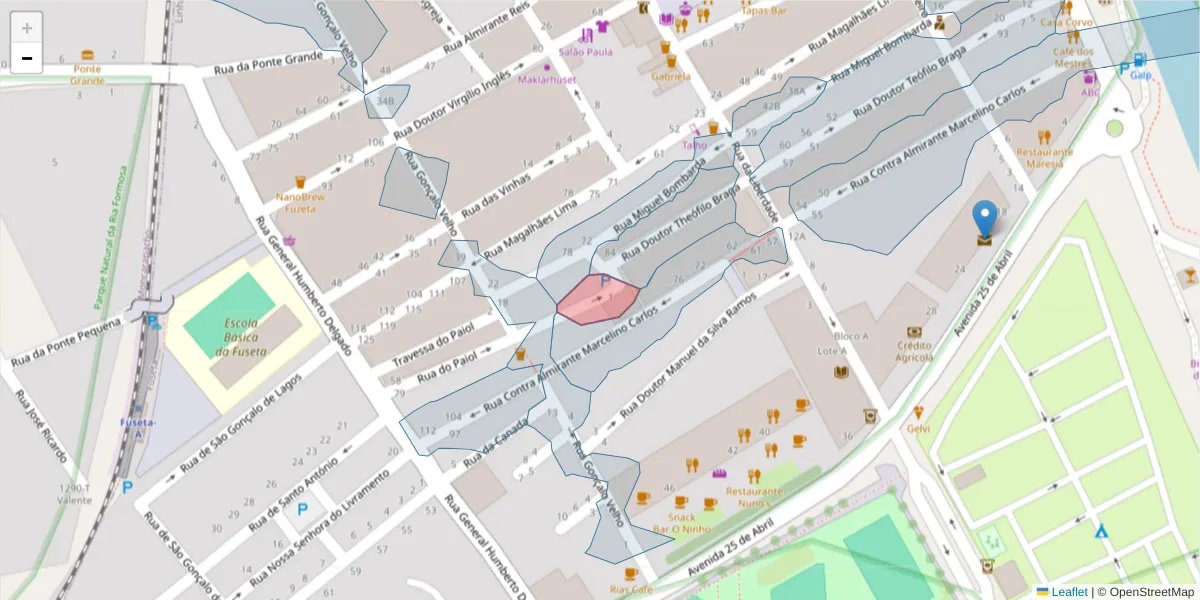 Mapa detalhado do código postal 8700-013 com limites, códigos postais vizinhos e agências dos correios