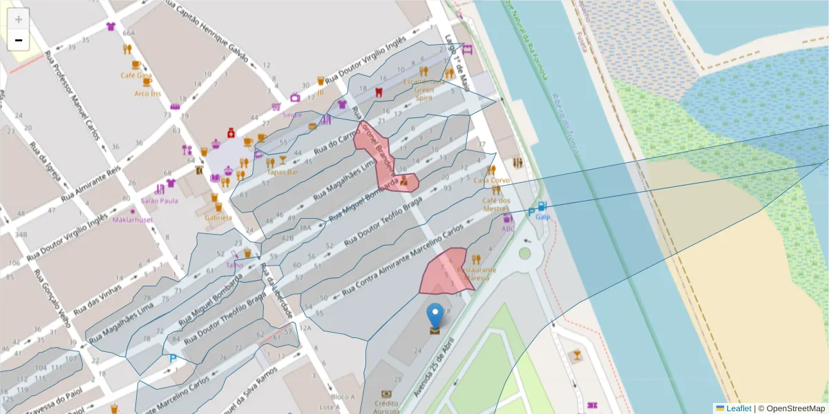 Mapa detalhado do código postal 8700-016 com limites, códigos postais vizinhos e agências dos correios