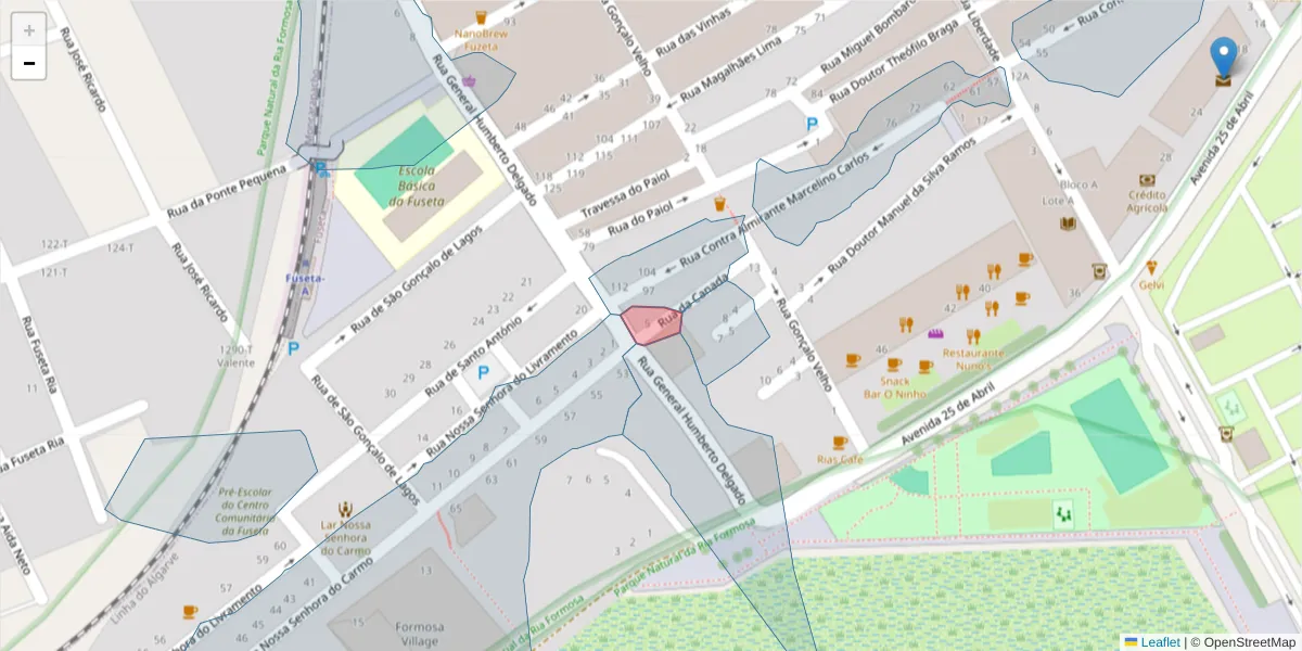 Mapa detalhado do código postal 8700-017 com limites, códigos postais vizinhos e agências dos correios