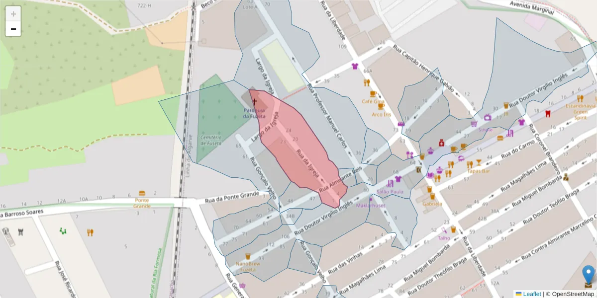 Mapa detalhado do código postal 8700-018 com limites, códigos postais vizinhos e agências dos correios