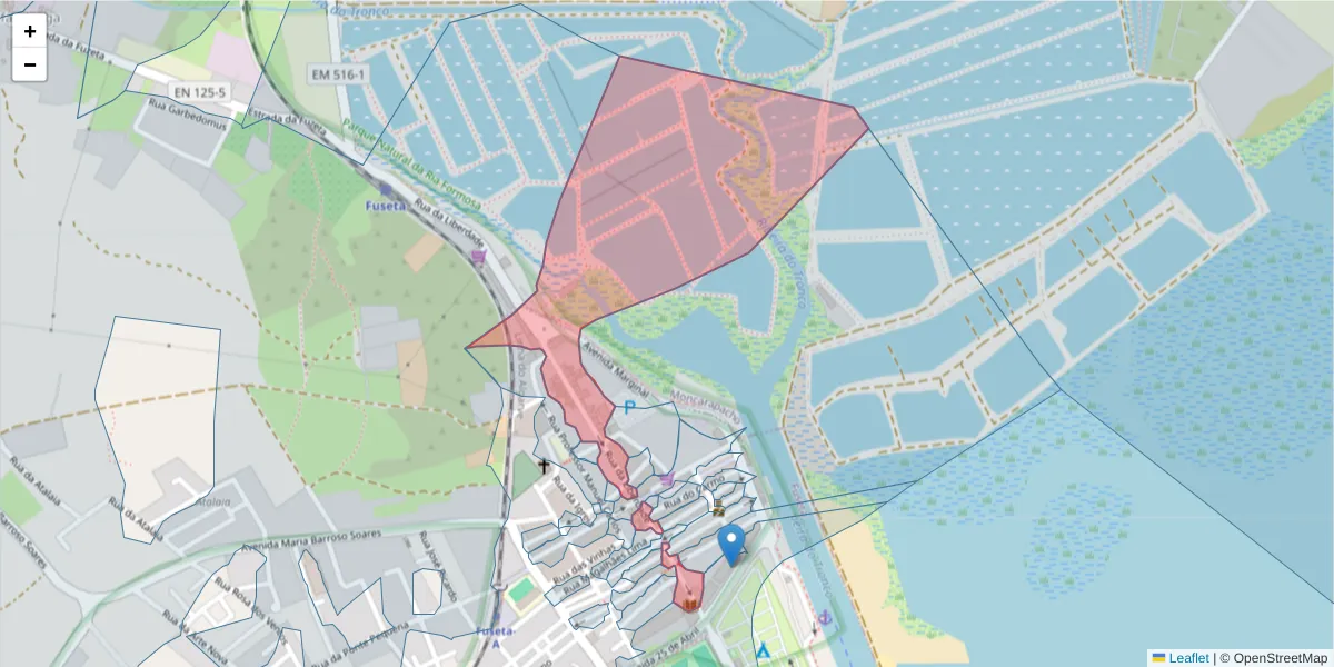 Mapa detalhado do código postal 8700-019 com limites, códigos postais vizinhos e agências dos correios