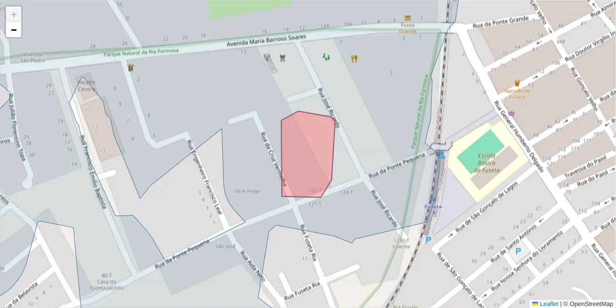 Mapa detalhado do código postal 8700-021 com limites, códigos postais vizinhos e agências dos correios