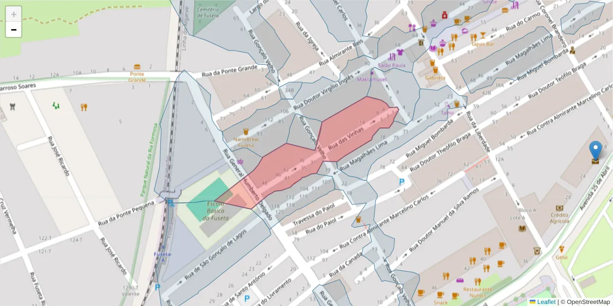 Mapa detalhado do código postal 8700-023 com limites, códigos postais vizinhos e agências dos correios