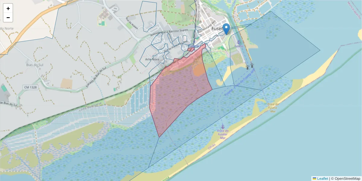 Mapa detalhado do código postal 8700-024 com limites, códigos postais vizinhos e agências dos correios